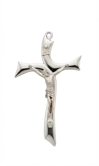 Nowoczesny metalowy krzyż w srebrnym kolorze z połyskiem.