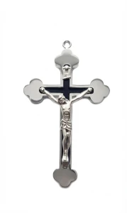 Krzyż metalowy srebrny z czarnym tłem 10,5 cm