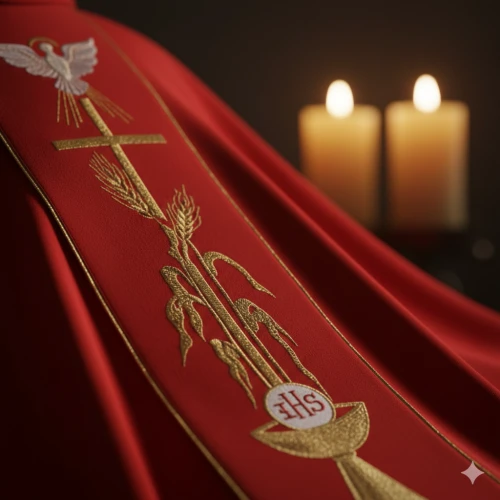 Ornat zdobiony pasem tkanym z symboliką Ducha Świętego