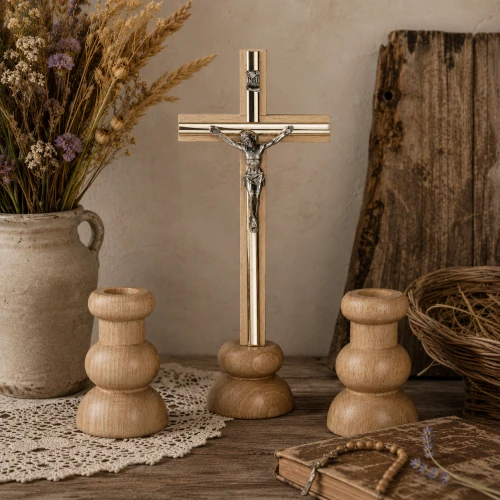Komplet kolędowy drewniany naturalny – krzyż, świeczki - 20cm