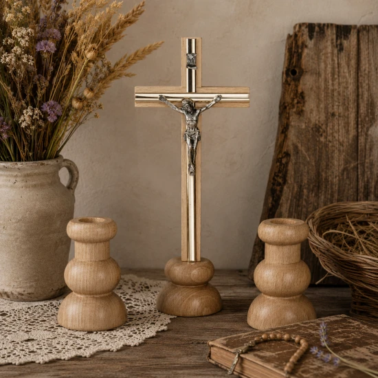 Komplet kolędowy drewniany naturalny – krzyż, świeczki - 20cm