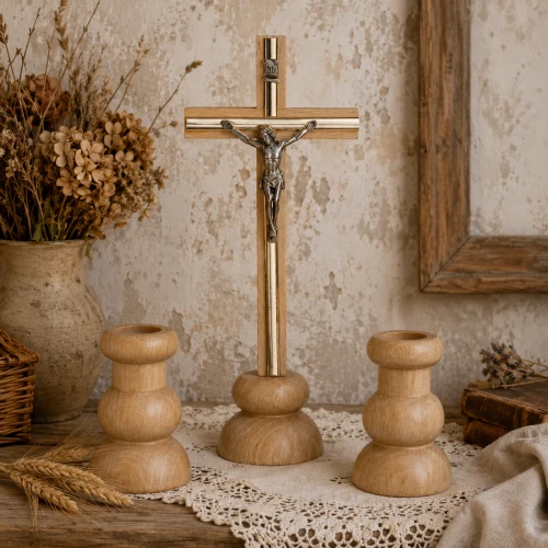 Komplet kolędowy drewniany naturalny – krzyż, świeczki - 20cm