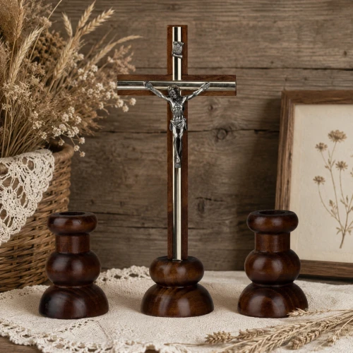 Komplet kolędowy drewniany ciemny – krzyż, świeczki - 20cm