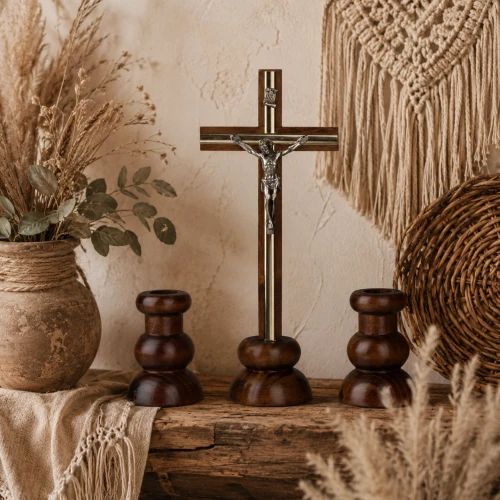 Komplet kolędowy drewniany ciemny – krzyż, świeczki - 20cm