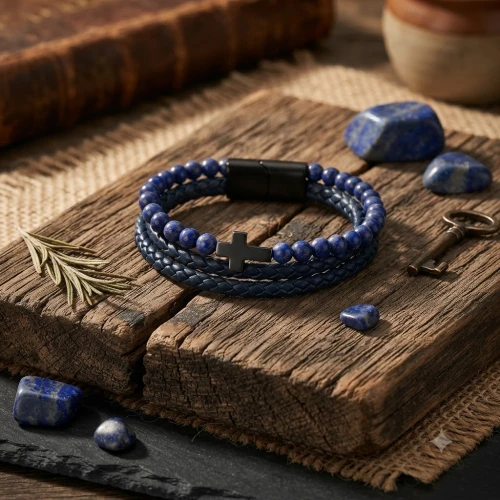 Męska bransoletka z naturalnej skóry i kamieni Lapis Lazuli.
