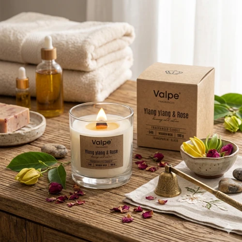 Świeca zapachowa YLANG YLANG & RÓŻA z drewnianym knotem – harmonia i wyciszenie