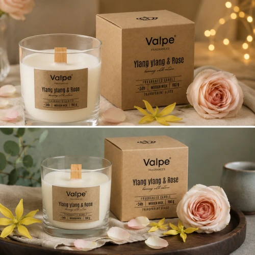 Świeca zapachowa YLANG YLANG & RÓŻA z drewnianym knotem – harmonia i wyciszenie