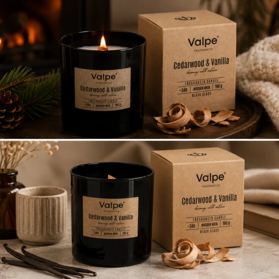 Świeca zapachowa CEDARWOOD & VANILLA z drewnianym knotem – cedrowe wyciszenie