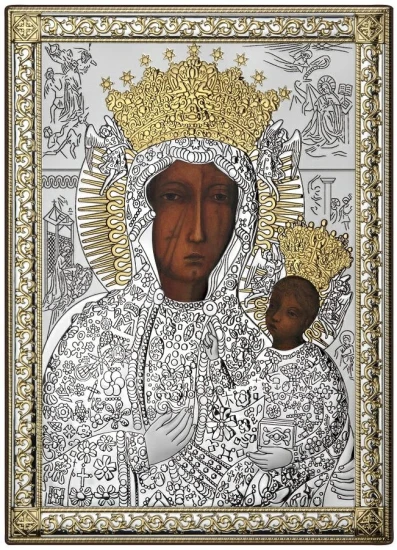 Ikona przedstawia Matkę Bożą Częstochowską z Dzieciątkiem Jezus – jeden z najbardziej czczonych wizerunków maryjnych, symbol opieki, nadziei i zawierzenia.
