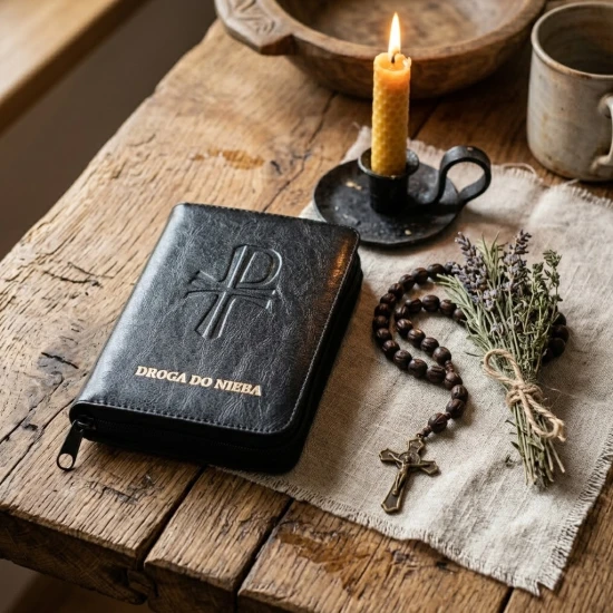 Tłoczony symbol Chi-Rho oraz złoty napis podkreślają klasyczny charakter etui.
