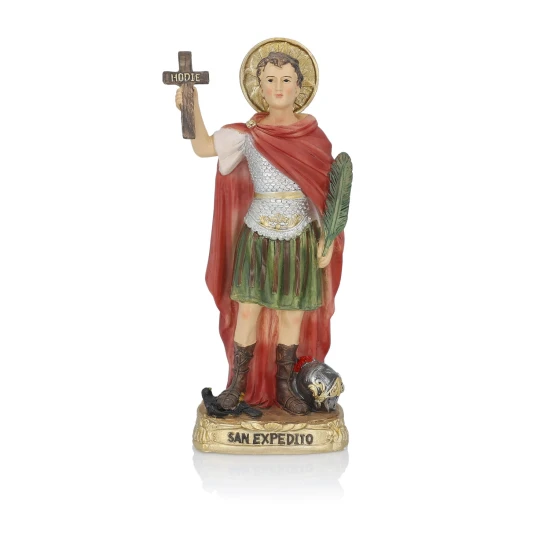 Klasyczny wizerunek świętego z krzyżem „HODIE”, palmą męczeństwa i zbroją legionisty.