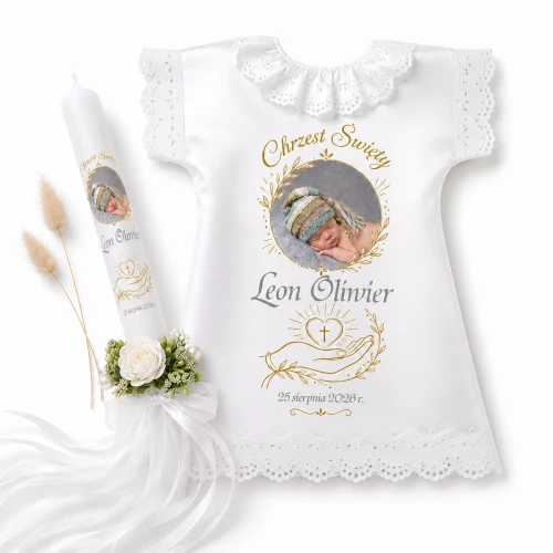 Personalizowany komplet chrzcielny ze zdjęciem Serce na dłoni™ – świeca i szatka koszulka