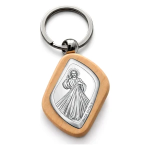 Brelok Jezus Miłosierny – drewniany z emblematem laminowanym srebrem próby 925