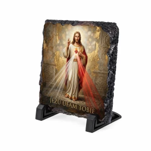 Jezus Miłosierny „Jezu ufam Tobie” – obraz religijny na granicie 14 × 14 cm z podstawką