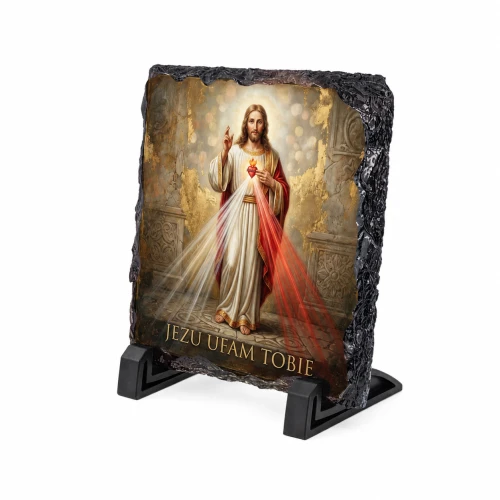 Jezus Miłosierny „Jezu ufam Tobie” – obraz religijny na granicie 14 × 14 cm z podstawką