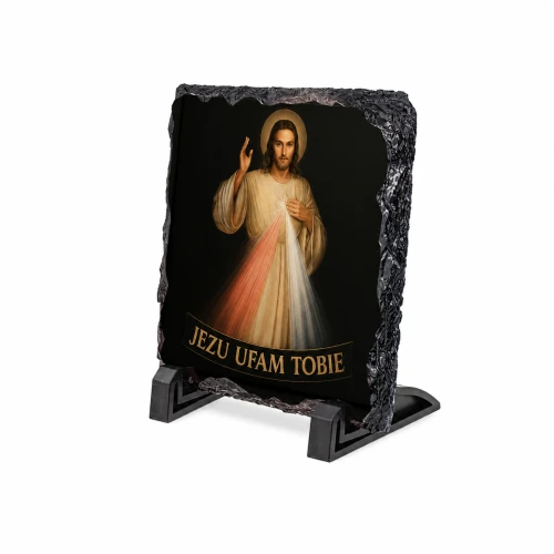 Jezus Miłosierny „Jezu ufam Tobie” – obraz religijny na granicie 14 × 14 cm | ciemne tło