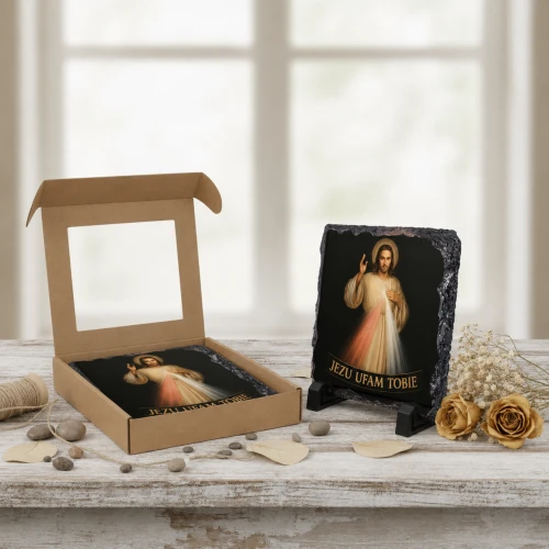 Jezus Miłosierny „Jezu ufam Tobie” – obraz religijny na granicie 14 × 14 cm | ciemne tło