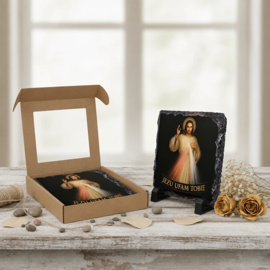 Jezus Miłosierny „Jezu ufam Tobie” – obraz religijny na granicie 14 × 14 cm | ciemne tło