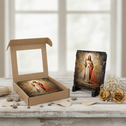 Jezus Miłosierny „Jezu ufam Tobie” – obraz religijny na granicie 14 × 14 cm z podstawką