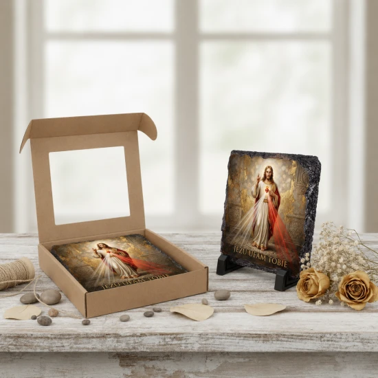 Jezus Miłosierny „Jezu ufam Tobie” – obraz religijny na granicie 14 × 14 cm z podstawką