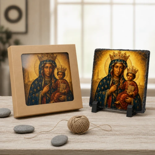 Matka Boża Częstochowska – obraz religijny na granicie 14 × 14 cm z podstawką