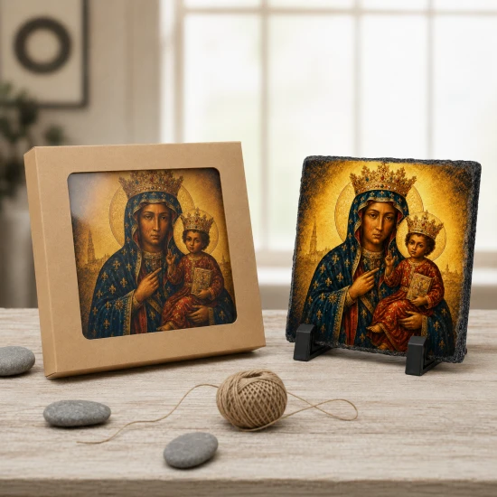 Matka Boża Częstochowska – obraz religijny na granicie 14 × 14 cm z podstawką