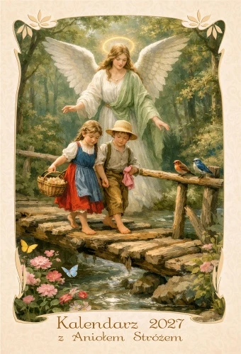 Kalendarz z Aniołem Stróżem na 2027 rok – piękne religijne ilustracje połączone z czytelnym kalendarium.
