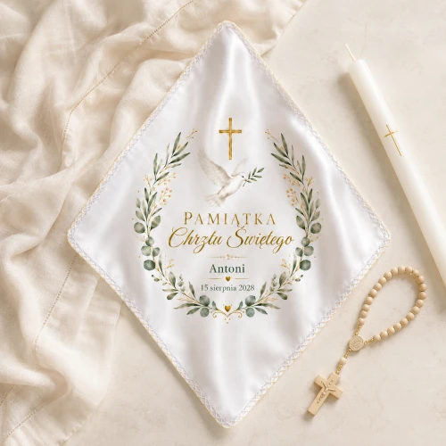 Szatka chrzcielna COLUMBA™ z gołębicą i krzyżem – personalizowana