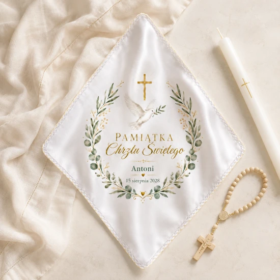 Szatka chrzcielna COLUMBA™ z gołębicą i krzyżem – personalizowana
