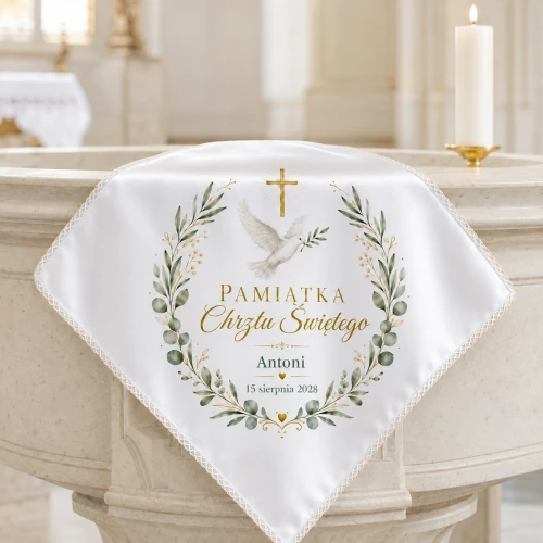 Szatka chrzcielna COLUMBA™ z gołębicą i krzyżem – personalizowana