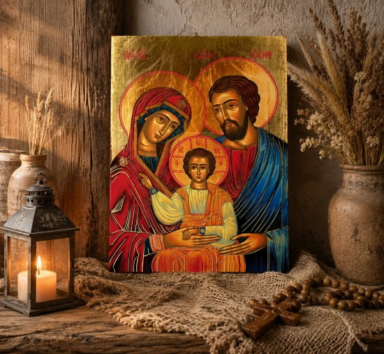 Wizerunek Jezusa, Maryi i św. Józefa na ręcznie złoconym tle.