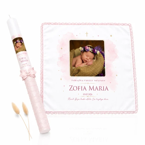 Personalizowany zestaw do Chrztu Anielskie Niebo™ Róż – świeca i szatka ze zdjęciem