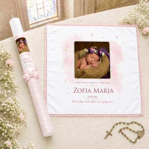 Personalizowany zestaw do Chrztu Anielskie Niebo™ Róż – świeca i szatka ze zdjęciem