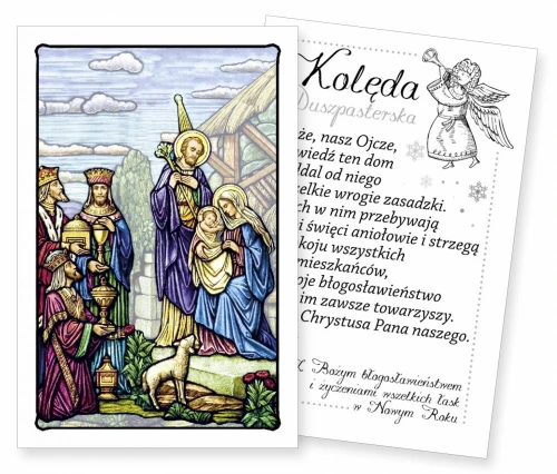 Obrazek kolędowy przedstawiający Boże Narodzenie oraz pokłon Trzech Króli.