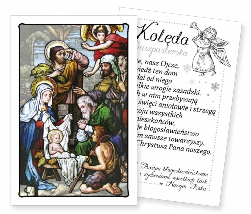 Obrazek kolędowy przedstawiający scenę Bożego Narodzenia z Dzieciątkiem Jezus, Maryją i pasterzami.