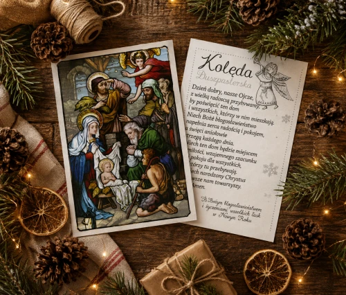 Religijna ilustracja utrzymana jest w tradycyjnej stylistyce przypominającej kościelny witraż.
