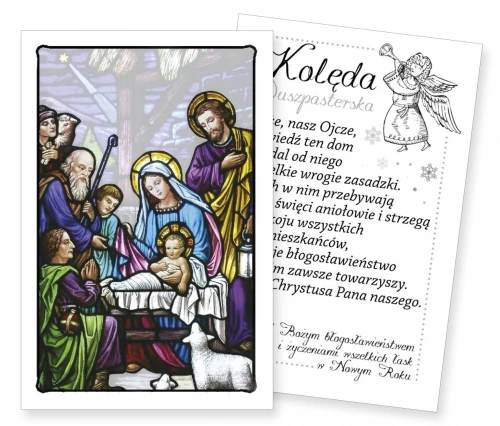 Obrazek kolędowy przedstawiający Świętą Rodzinę oraz pasterzy zgromadzonych przy Dzieciątku Jezus.