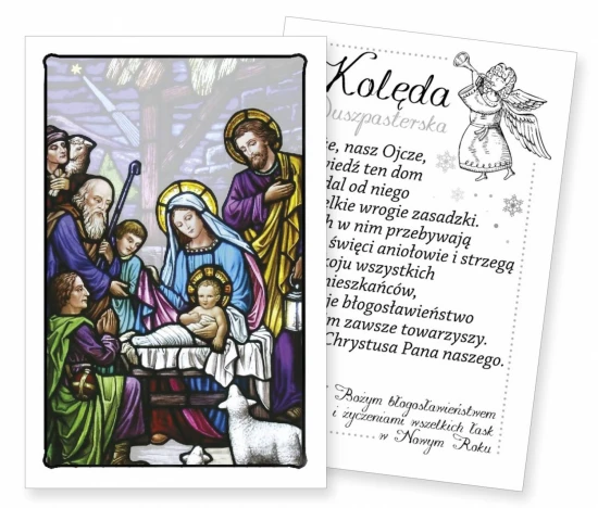 Obrazek kolędowy przedstawiający Świętą Rodzinę oraz pasterzy zgromadzonych przy Dzieciątku Jezus.