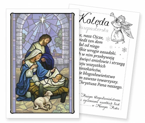 Wizerunek uzupełniają żłóbek, baranek oraz gwiazda betlejemska.