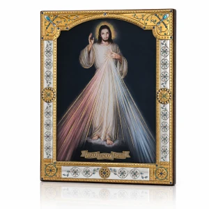 Ikona „Jezu, ufam Tobie” za szkłem – złocona rama 17 × 21 cm