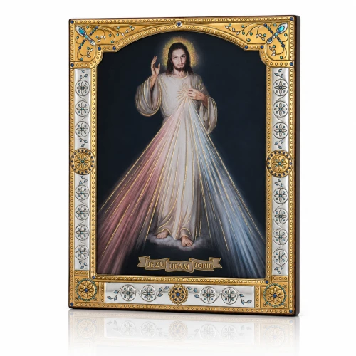 Ikona „Jezu, ufam Tobie” za szkłem – złocona rama 17 × 21 cm