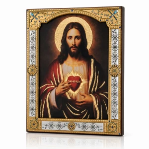 Ikona Najświętszego Serca Pana Jezusa za szkłem – złocona rama 17 × 21 cm