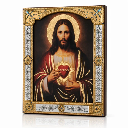 Ikona Najświętszego Serca Pana Jezusa za szkłem – złocona rama 17 × 21 cm