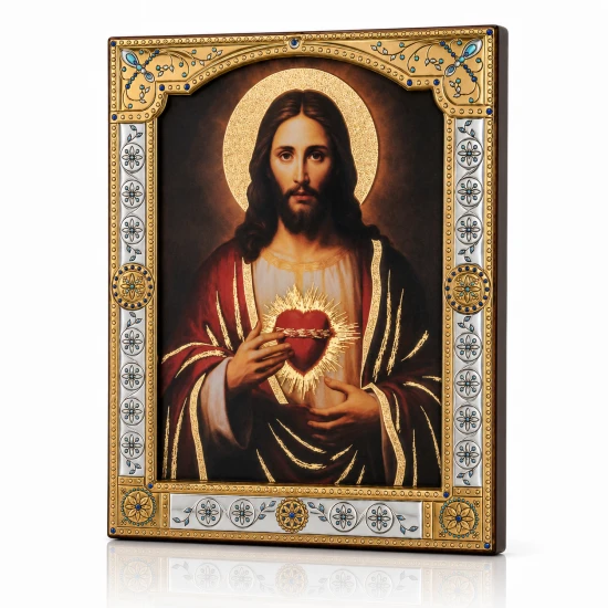 Ikona Najświętszego Serca Pana Jezusa za szkłem – złocona rama 17 × 21 cm