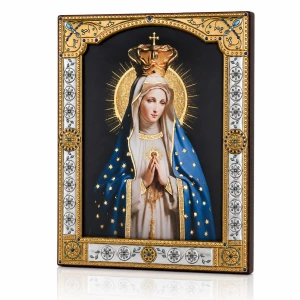 Ikona Matki Bożej Fatimskiej za szkłem – złocona rama 17 × 21 cm