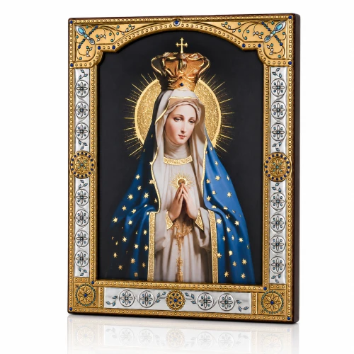 Ikona Matki Bożej Fatimskiej za szkłem – złocona rama 17 × 21 cm