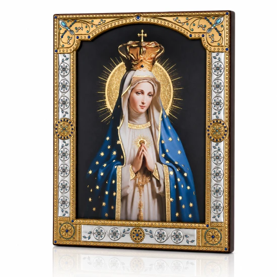 Ikona Matki Bożej Fatimskiej za szkłem – złocona rama 17 × 21 cm
