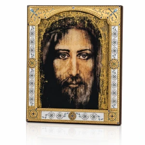 Ikona Oblicza Jezusa inspirowana Całunem Turyńskim – złocona rama 17 × 21 cm