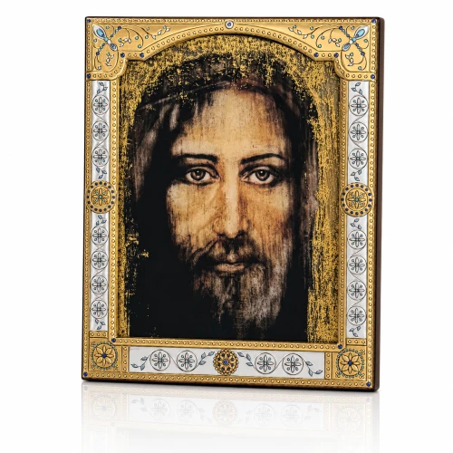 Ikona Oblicza Jezusa inspirowana Całunem Turyńskim – złocona rama 17 × 21 cm