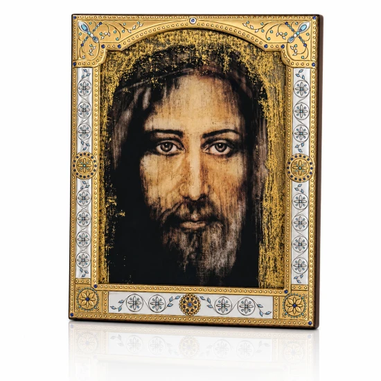 Ikona Oblicza Jezusa inspirowana Całunem Turyńskim – złocona rama 17 × 21 cm